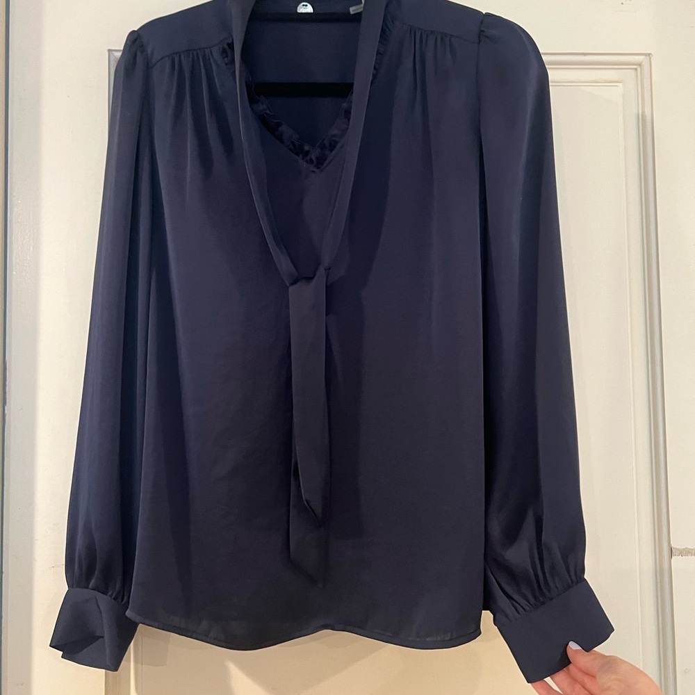 Margaret O'Leary Elegant Navy Blouse with Tie Neck